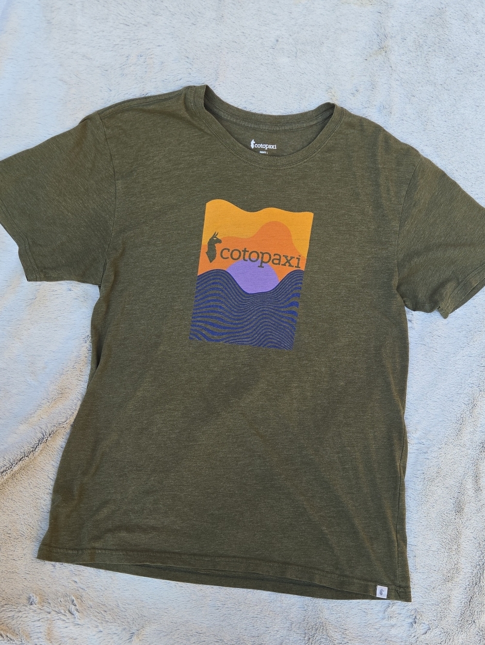 cotopaxi Olive Green Tee with Orange and Purple Graphic